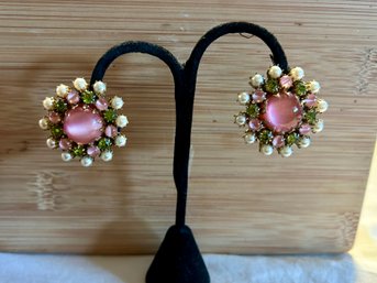 Vintage Pink Glass Bead Rhinestone Clip-On Earrings