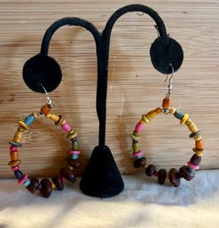 Bohemian Multicolor Wood Bead Hoop Earrings