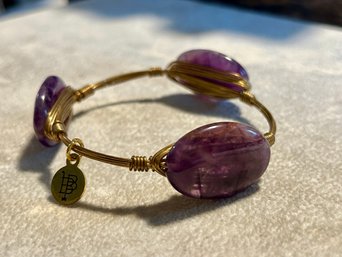 Polished Amethyst Gemstone Signed Artisan Bangle Bracelet