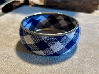 Blue & White Gingham Fabric Wide Bangle Bracelet