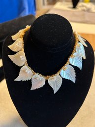 Antique Art Deco Carved Mother Of Pearl Leaf Choker Necklace