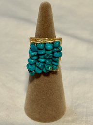 Vintage Gold Filigree Stranded Turquoise Stones Ring - Size 7