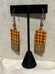 Vintage Tartan Paper Mache Rectangular Runway Earrings