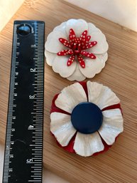 Pair Of Vintage Enamel Flower Power Pins - Red, White & Blue