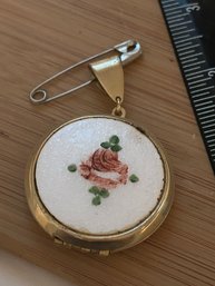 Guilloche Enamel Locket With Flower Vintage Costume Jewelry