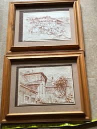 Signed Pair Of 1960s Ink Drawings Town Views - D. Jensen