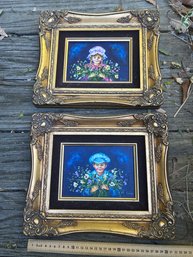 Painting Pair Of Boy & Girl With Flowers Artist Signed Karin?