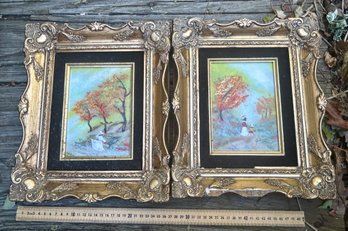 Ornately Framed Autumn Themed Small Paintings Signed Galison