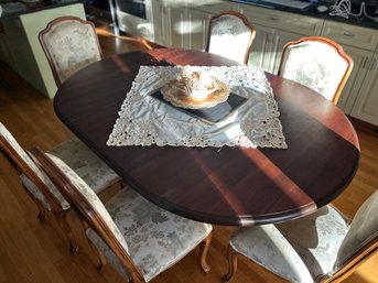 Antique French Country Walnut Dining Room Set W/ White Floral Chairs