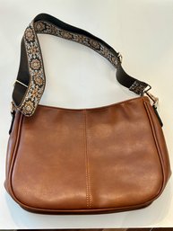 Brown Faux Leather Handbag With Floral Strap - Like New