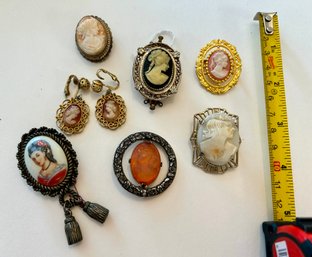 Vintage Cameo Pendant, Brooch And Earing Lot