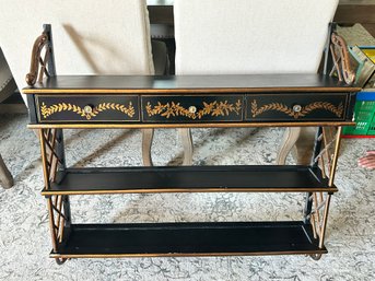 Vintage 1980s English Chinoiserie Black Lacquer Wall-Mounted Shelving