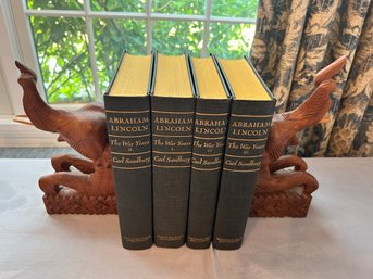 Carved Elephant Book Ends With Carl Sandburg's Abraham Lincoln The War Years