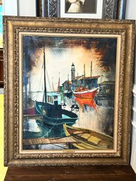 Authentic Bernard Lignon Oil On Canvass Boat & Lighthouse Canal Painting