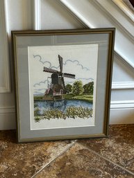 Vintage Framed Embroidery Wind Mill