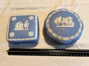 Pair Of Vintage Wedgewood Blue Jasperware Lidded Trinket Or Jewelry Boxes Made In England