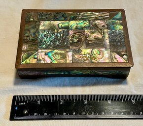 Vintage Abalone Shell & Brass Redwood Lined Trinket Or Jewelry Box