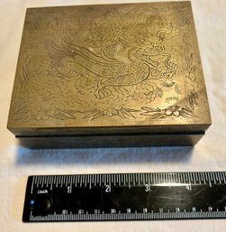 Antique Chinese Brass & Wood Trinket Box Dragon Etched Keepsake