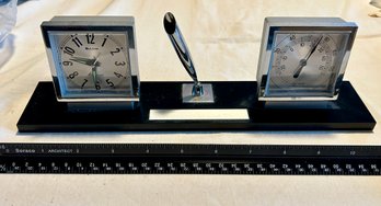 MCM Clock, Barometer, Pen Desk Set, Bulova Clock, Art Deco Bakelite Base