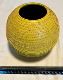 Crate And Barrel Leather Spiral Wrapped Vase 6' Tall/ Wide Mustard Yellow