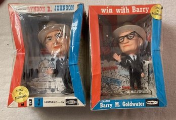 1964 Presidential Election - Goldwater & LBJ Dashboard Figures By REMCO - Each Includes A Campaign Button.