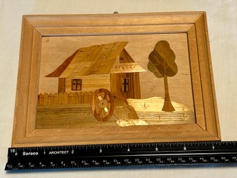 Vintage Wood & Straw Marquetry Farm Decor Framed Art Piece