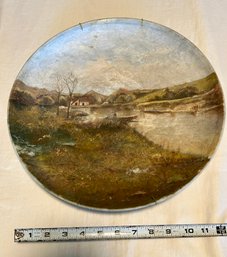 Antique Ceramic Pottery Dish Hand Painted With River Landscape - Very Old And Unique