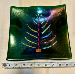 Fused Glass Art Signed Dish Christmas Tree Holiday Decor