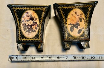 Pair Of Signed Hand Painted Tole Metal Bins Or Orchid Planters, Black And Flowers Pattern