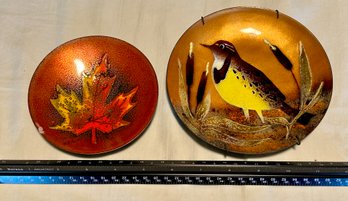 Vintage Enamel On Copper Dishes Fall Decor Bird & Maple Leaf Art Studio Enamel Trinket Dish By Bovano