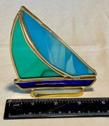 Vintage Stained Glass Blue Green Sailboat Art Glass Figure Suncatcher Nautical Decor