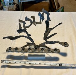 Brutalist Sculpture, 1970s Oxidized Metal Art - Judaica, Tree Of Life Menorah Marble Base