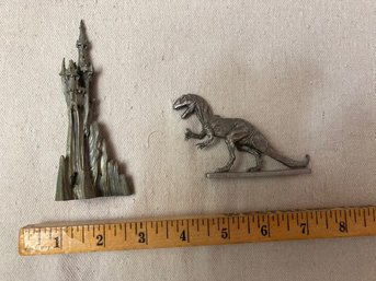 Small Vintage Pewter Items - Castle And Dinosaur