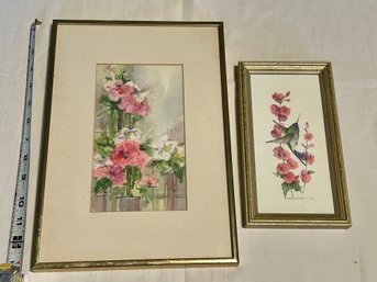 Signed Pink Floral & Hummingbird Art Watercolor & Print