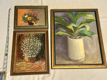 Trio Of  Signed Floral Oil Paintings - Botanical Decor