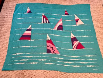 1960s Signed Italian Blue Sail Boats Nautical Silk Square Scarf