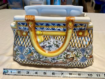 Signed Portugal Porcelain Hand Painted Floral Purse Planter Mail Holder