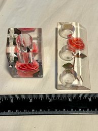 Vintage Lucite Suspended Pink Rose Flower Candle Holders