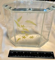 MCM Carved Floral Lucite Vessel With Top, Great Storage For Kitchen, Bath, Cosmetics, Hair Accessories ETC