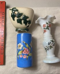 3 Piece Vintage Vase Collection - Blue One May Be Hand Painted?