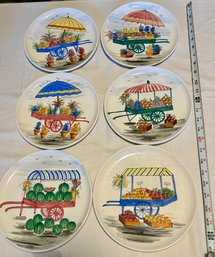 Hand Painted Italian Fruit Market & Flower Cart Decorative Plates Set Of 6