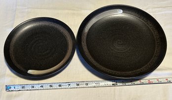 Zen Minded Japanese Ceramic Plate Pair Black Speckled Glaze Stoneware Dish