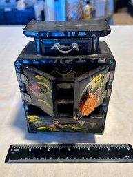 Black Lacquer Asian Hand Painted Jewelry Box Pagoda Shaped