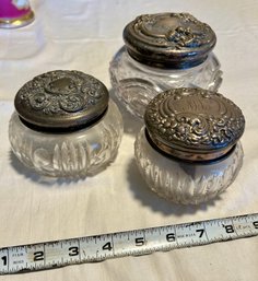 Set Of Antique Monogramed Glass Vanity Jars - Unmarked Sterling Silver?