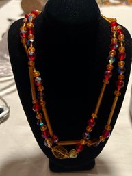 Vintage 1960s Mod Long Strand Necklace Amber Brown Color Art Glass Beads