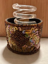 C1980s Iridescent Golden Brown Sequin & Bead Runway Style Cuff Bracelet