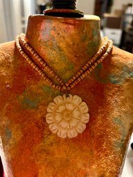 1960s Carved Celluloid Floral Pendant Necklace Bohemian Style