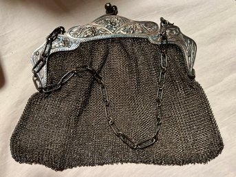 Antique 180 Grams Original Patina Signed Sterling Silver Chain Mail Mesh Floral Frame Flapper Bag