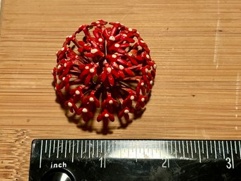 Vintage Metal Enamel Red Flower Brooch, Dimensional Dome Shape Floral Pen