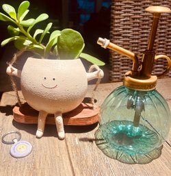 Swing Happy Face Planter With Jade Plant House Plant & Retro Style Watering Can